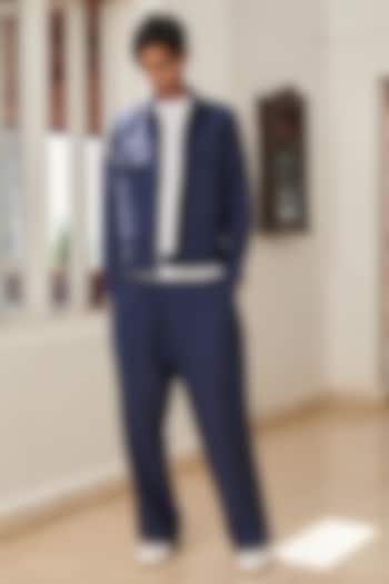 Navy Blue Pure Linen Woven Baggy Pants by Saphed Men