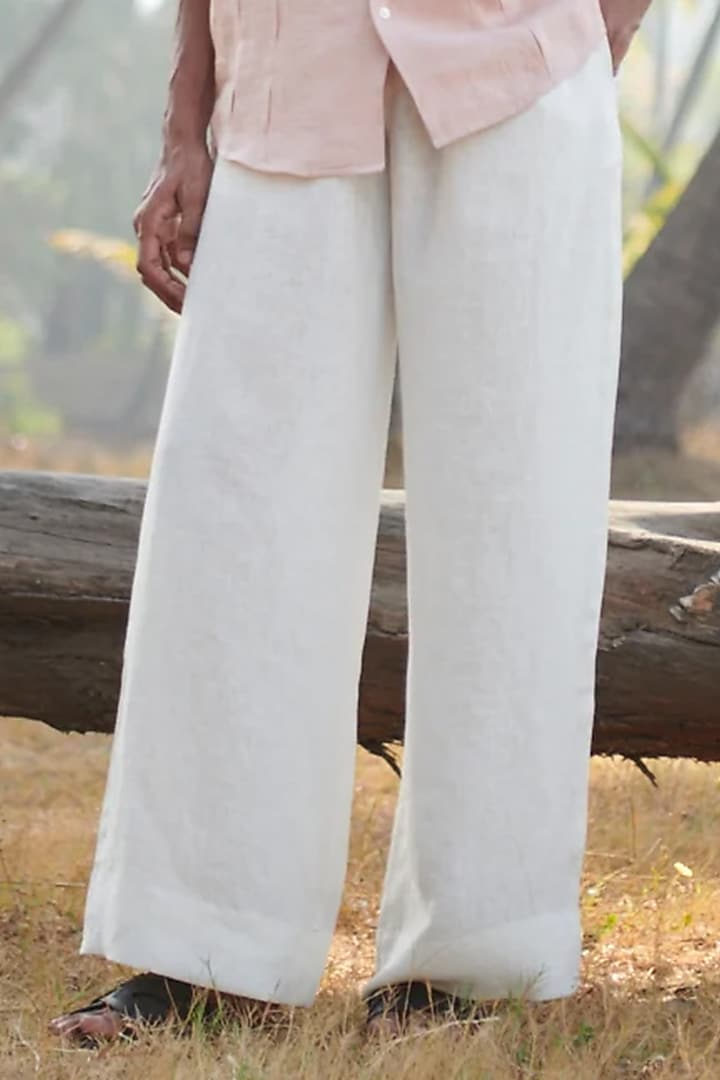 Taj White Pure Linen Pyjama Pants by Saphed Men at Pernia's Pop Up Shop