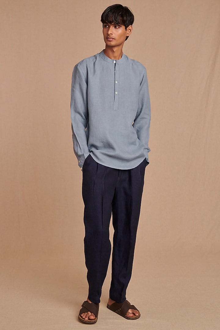 Navy Blue Pure Linen Tapered High-Waisted Trousers by Saphed Men