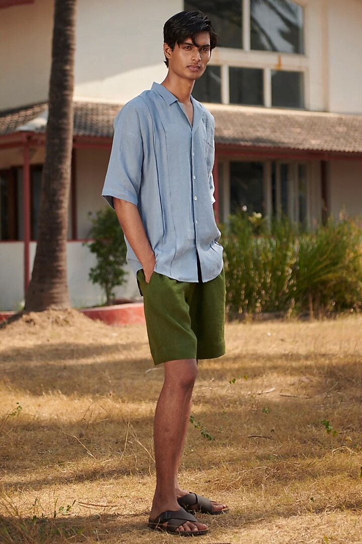Safari Green Pure Linen Shorts by Saphed Men