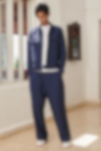 Navy Blue Pure Linen Jacket Set by Saphed Men
