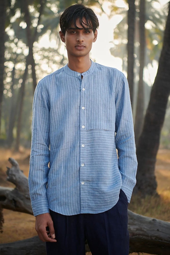 Sky Blue Pure Linen Party Wear Shirt by Saphed Men at Pernia's Pop Up Shop