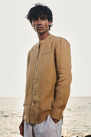 Dark Beige Pure Linen Shirt by Saphed Men