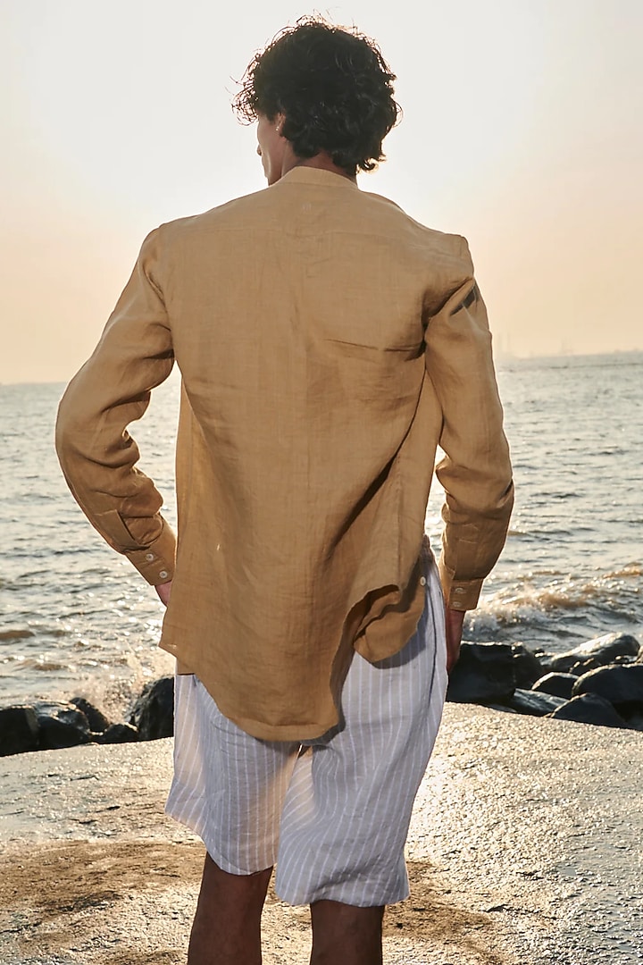 Dark Beige Pure Linen Party Wear Shirt by Saphed Men at Pernia's Pop Up Shop