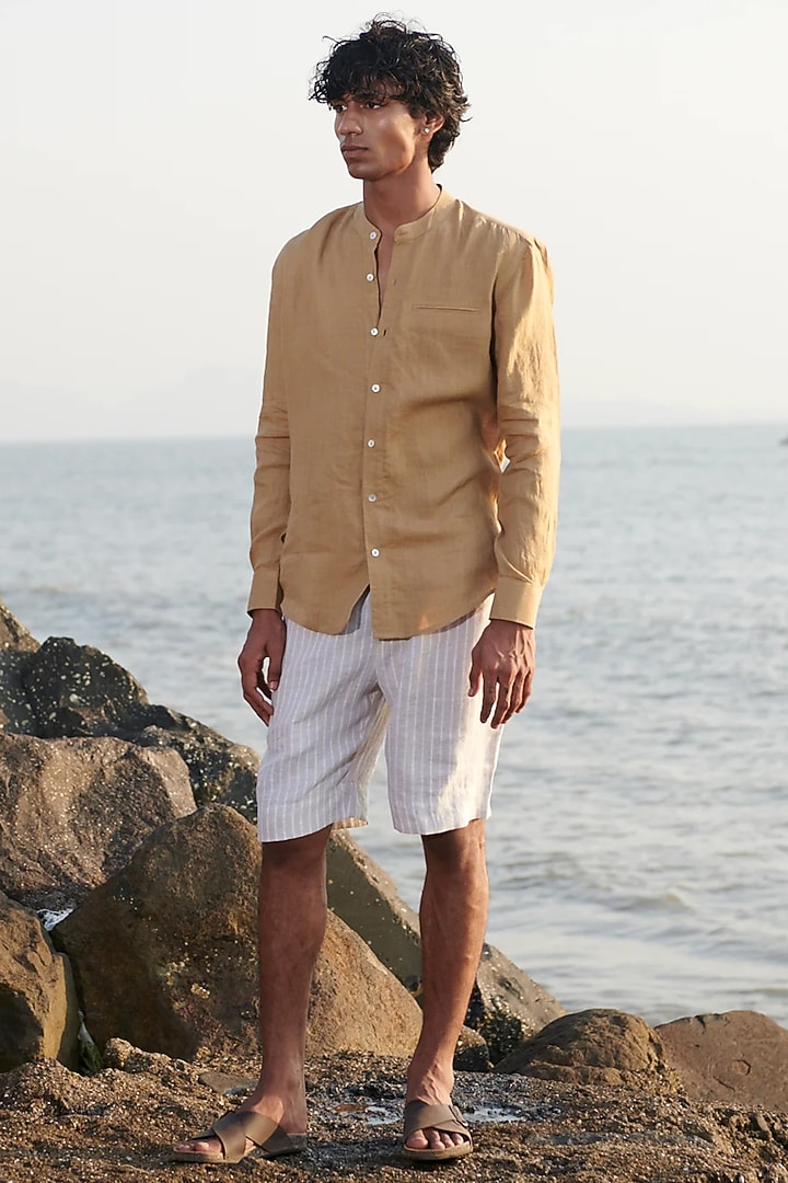 Dark Beige Pure Linen Party Wear Shirt by Saphed Men at Pernia's Pop Up Shop
