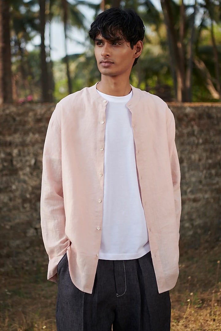 Pastel Pink Pure Linen Party Wear Shirt by Saphed Men at Pernia's Pop Up Shop