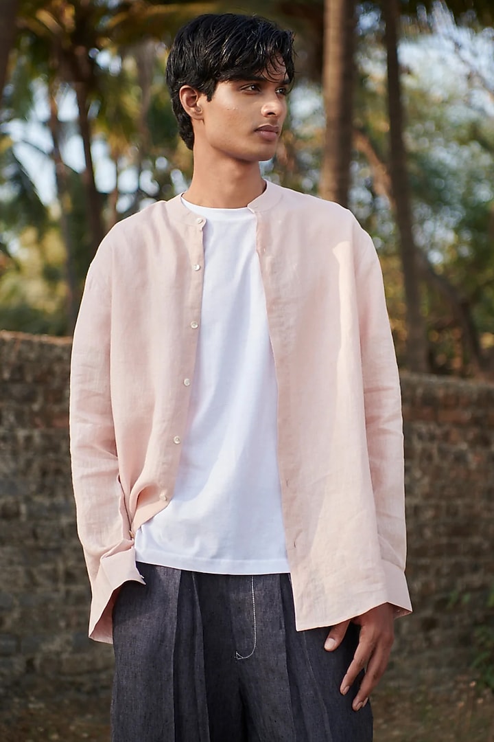 Pastel Pink Pure Linen Party Wear Shirt by Saphed Men at Pernia's Pop Up Shop