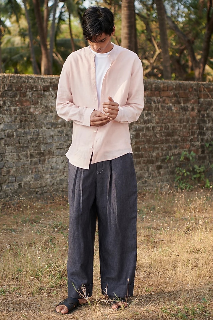 Pastel Pink Pure Linen Party Wear Shirt by Saphed Men at Pernia's Pop Up Shop