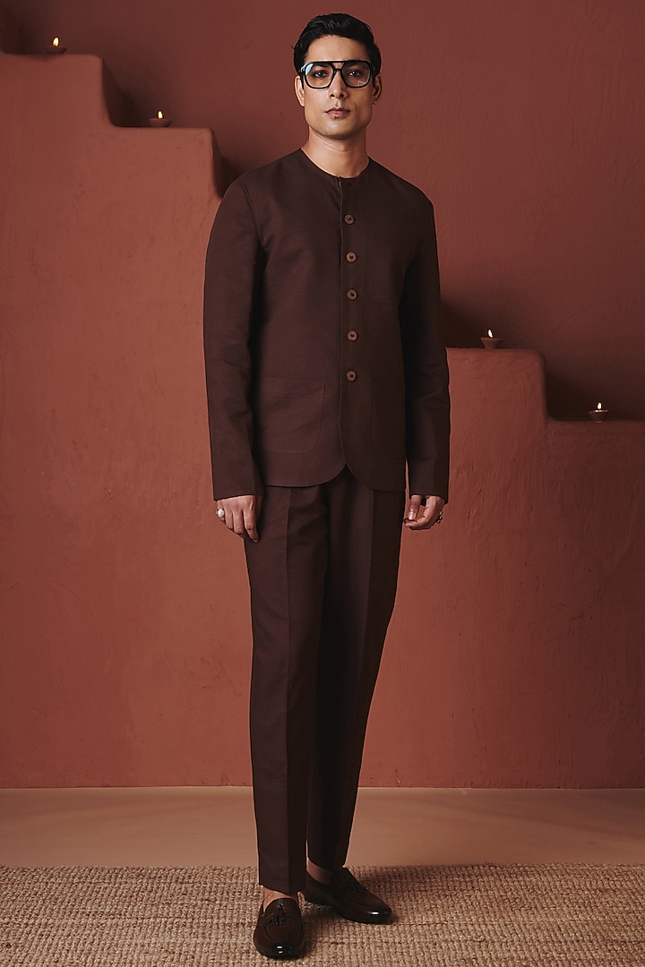Coffee Brown Cotton Linen Bandhgala Set by Saphed Men at Pernia's Pop Up Shop