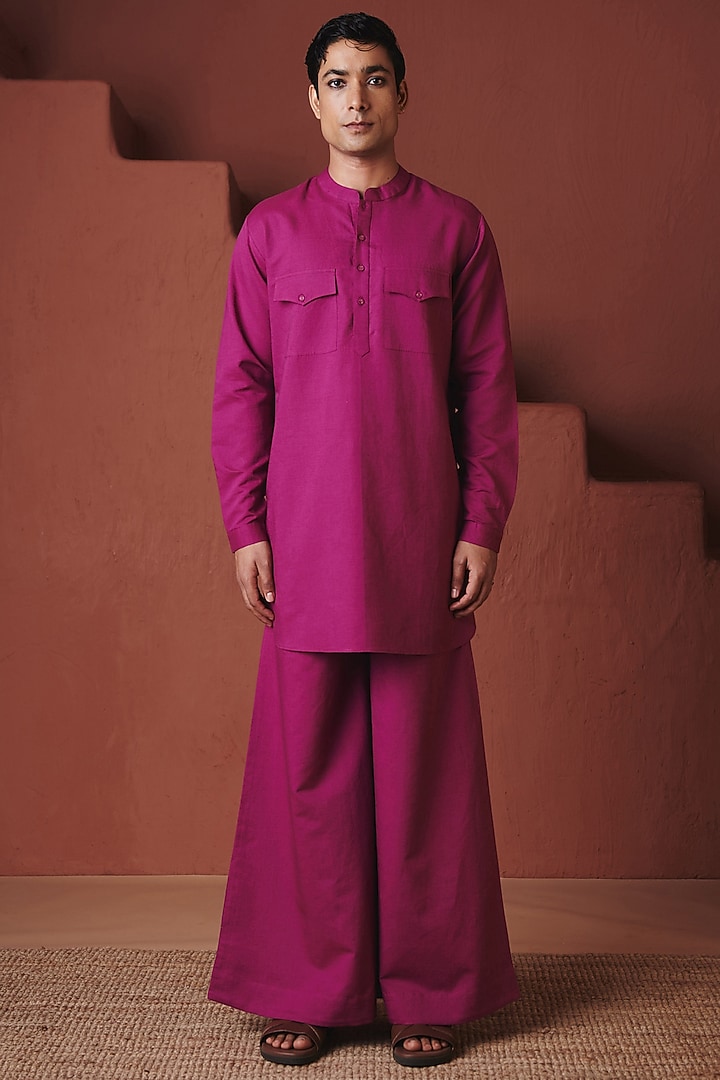 Orchid Purple Cotton Linen Kurta Set by Saphed Men at Pernia's Pop Up Shop