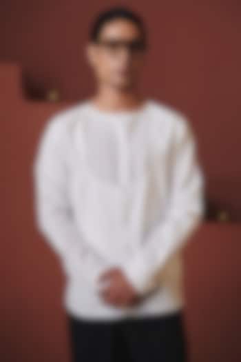Vanilla White Cotton Linen Angrakha Party Wear Shirt by Saphed Men at Pernia's Pop Up Shop