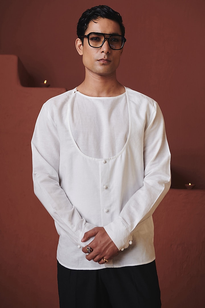Vanilla White Cotton Linen Angrakha Party Wear Shirt by Saphed Men at Pernia's Pop Up Shop