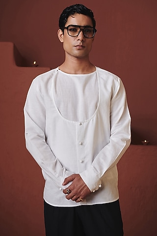 Vanilla White Cotton Linen Angrakha Shirt by Saphed Men