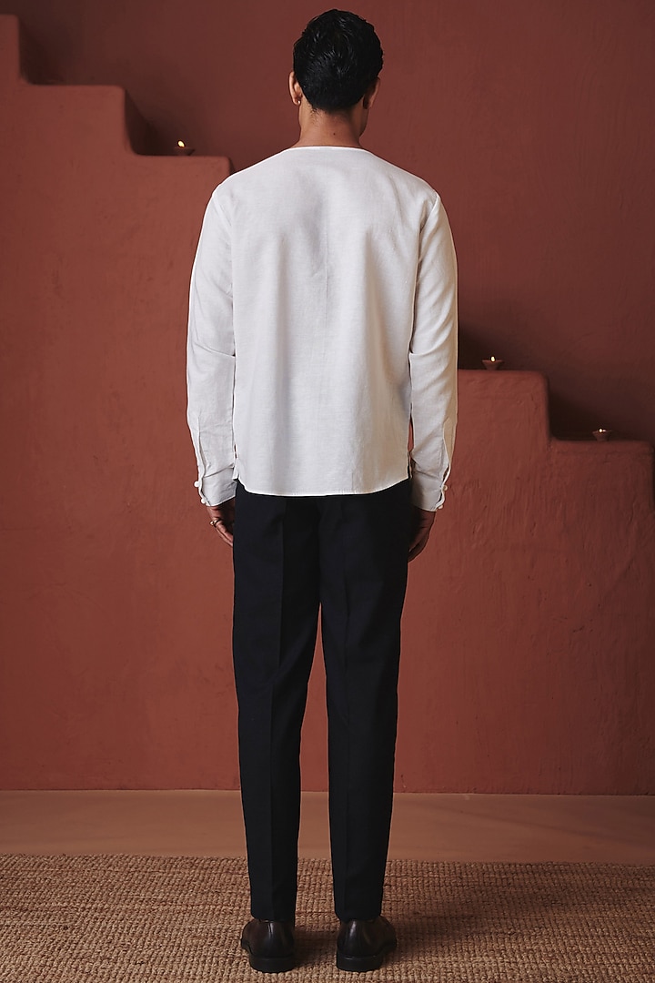 Vanilla White Cotton Linen Angrakha Party Wear Shirt by Saphed Men at Pernia's Pop Up Shop