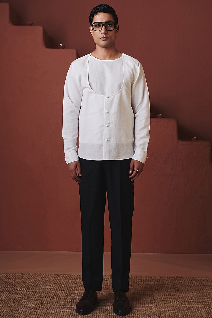 Vanilla White Cotton Linen Angrakha Party Wear Shirt by Saphed Men at Pernia's Pop Up Shop