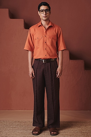 Coffee Brown Cotton Linen Baggy Pants by Saphed Men
