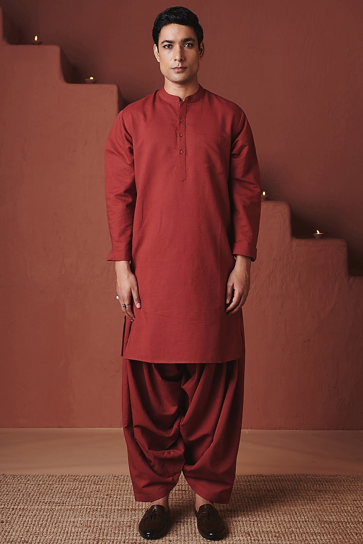 Brick Red Cotton Linen Kurta Set by Saphed Men at Pernia's Pop Up Shop