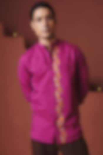 Orchid Purple Cotton Linen Floral Embroidered Party Wear Shirt by Saphed Men at Pernia's Pop Up Shop