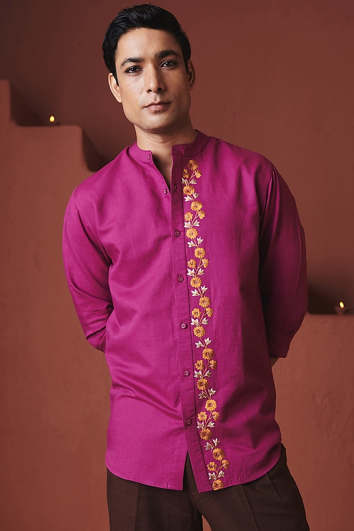 Orchid Purple Cotton Linen Floral Embroidered Party Wear Shirt by Saphed Men at Pernia's Pop Up Shop
