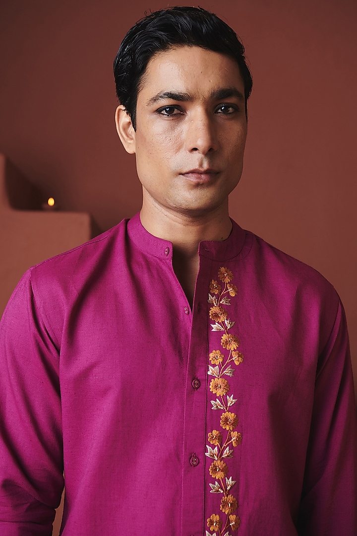 Orchid Purple Cotton Linen Floral Embroidered Party Wear Shirt by Saphed Men at Pernia's Pop Up Shop