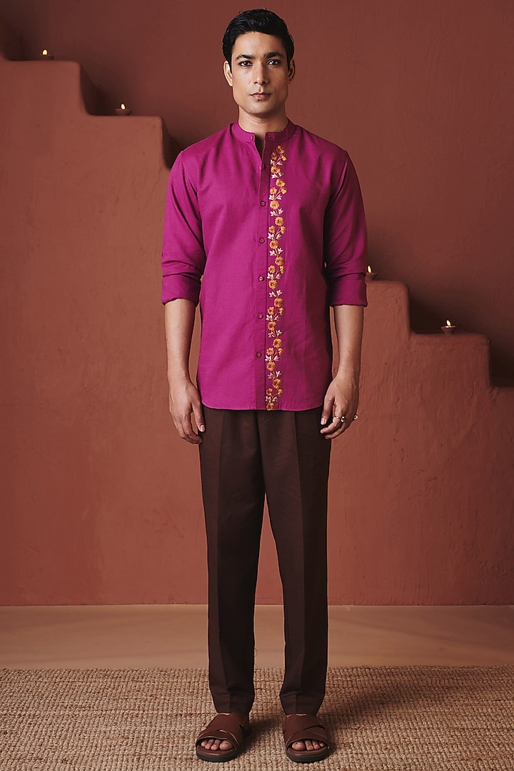 Orchid Purple Cotton Linen Floral Embroidered Party Wear Shirt by Saphed Men at Pernia's Pop Up Shop