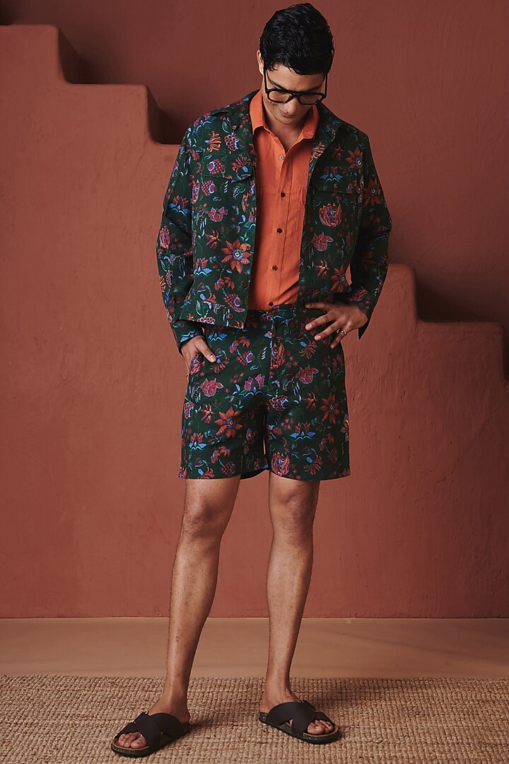 Dark Green Cotton Linen Co-Ord Set by Saphed Men at Pernia's Pop Up Shop