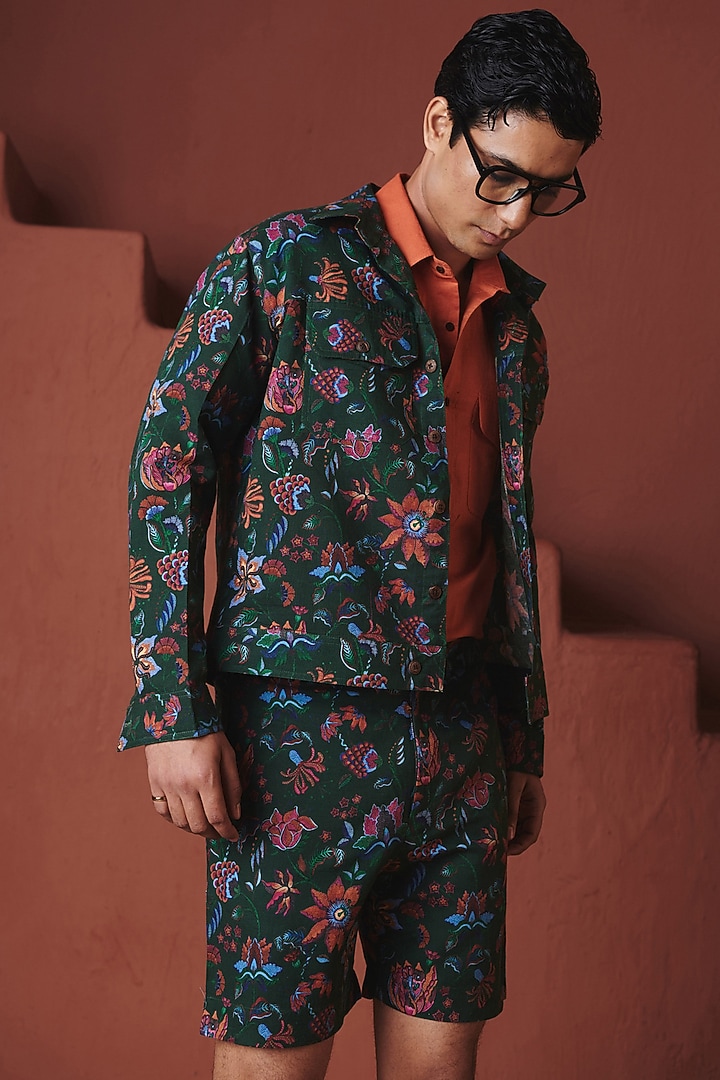 Dark Green Cotton Linen Co-Ord Set by Saphed Men at Pernia's Pop Up Shop