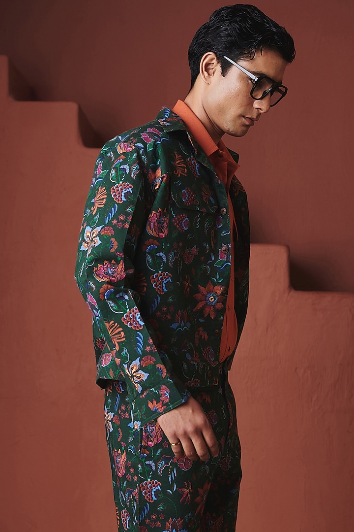 Dark Green Cotton Linen Co-Ord Set by Saphed Men at Pernia's Pop Up Shop