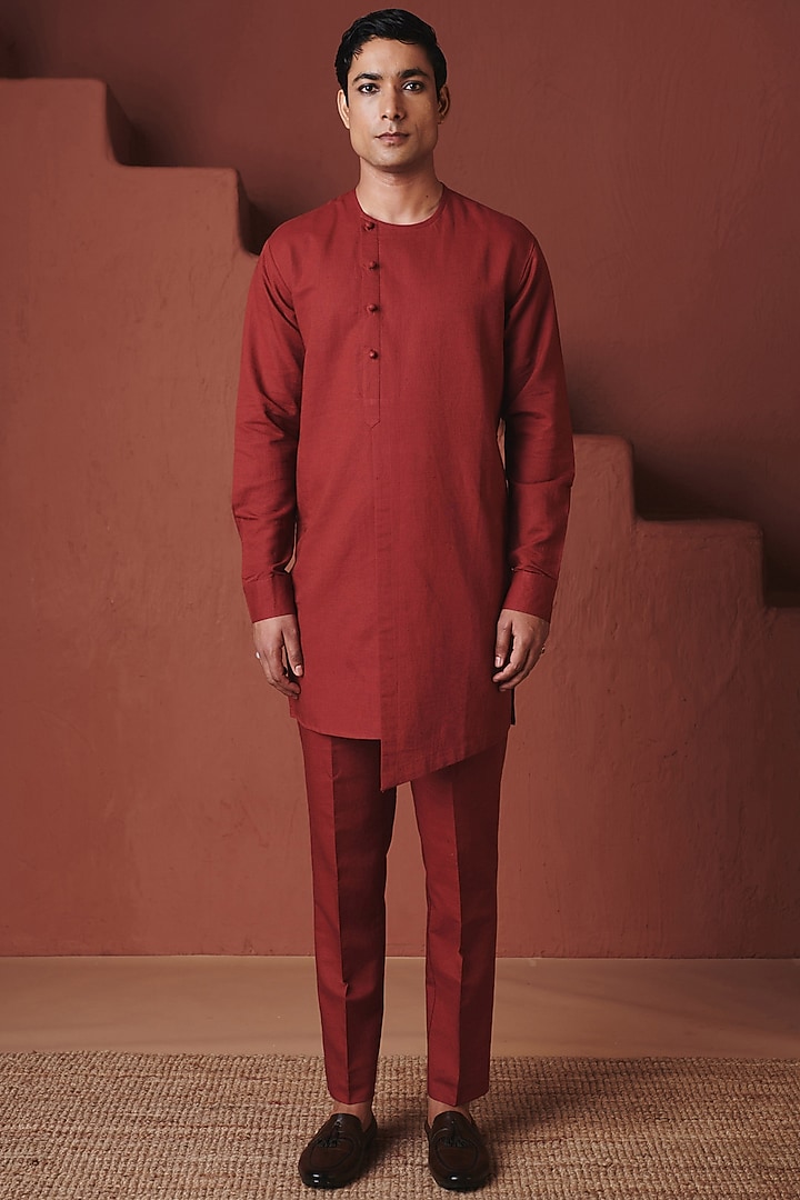 Brick Red Cotton Linen Kurta Set by Saphed Men at Pernia's Pop Up Shop
