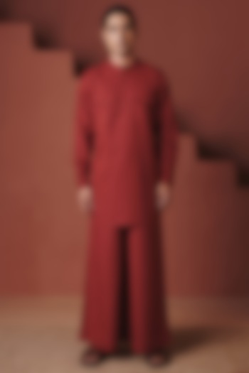 Brick Red Cotton Linen Kurta Set by Saphed Men at Pernia's Pop Up Shop