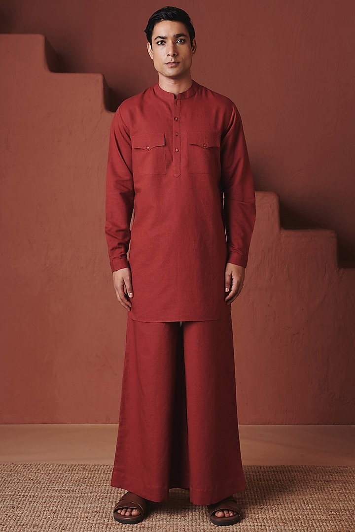 Brick Red Cotton Linen Kurta Set by Saphed Men at Pernia's Pop Up Shop
