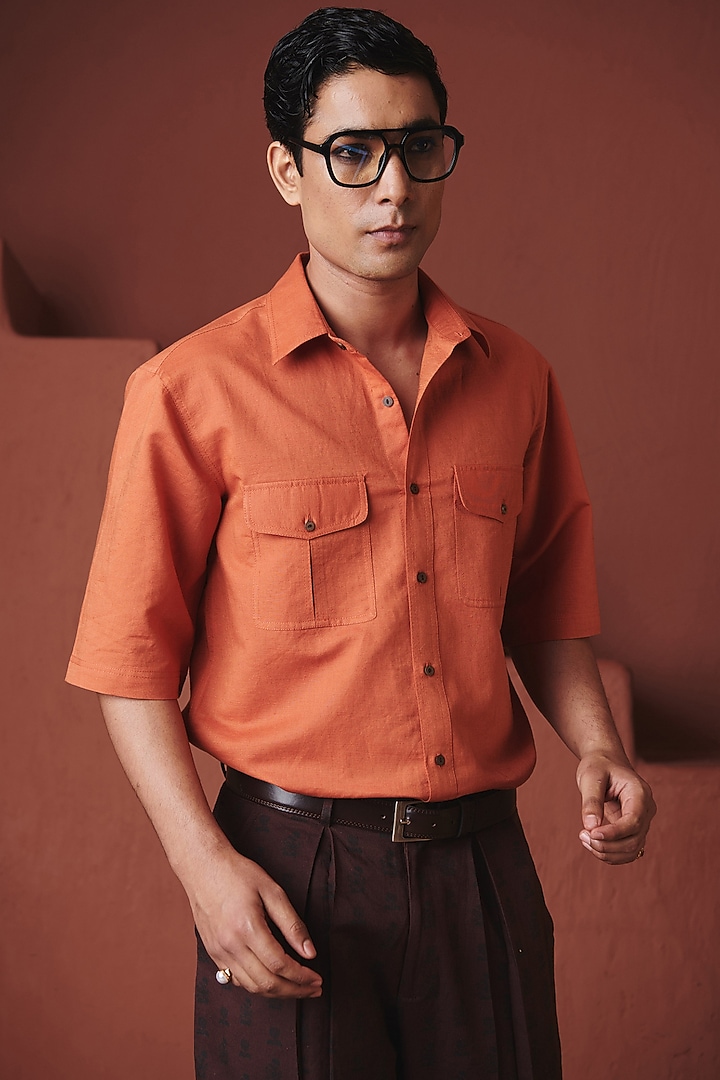 Marigold Orange Cotton Linen Summer Shirt by Saphed Men at Pernia's Pop Up Shop