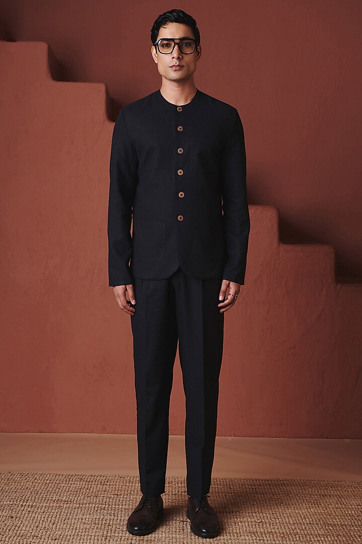 Carbon Cotton Linen Bandhgala Set by Saphed Men at Pernia's Pop Up Shop