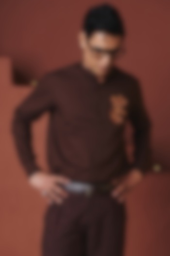 Coffee Brown Cotton Linen Floral Embroidered Party Wear Shirt by Saphed Men at Pernia's Pop Up Shop