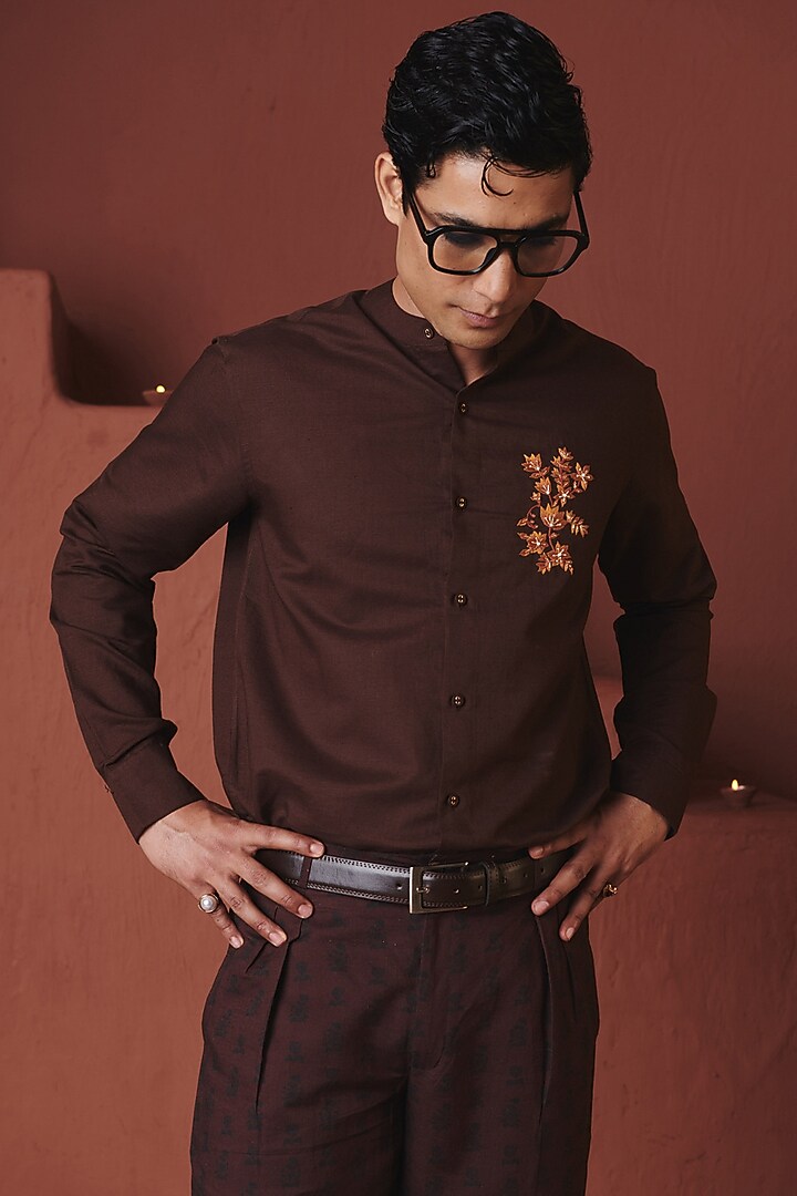 Coffee Brown Cotton Linen Floral Embroidered Party Wear Shirt by Saphed Men at Pernia's Pop Up Shop
