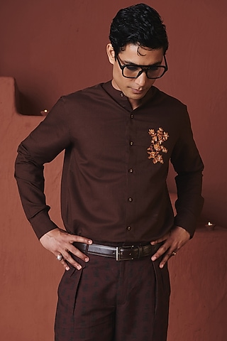 Coffee Brown Cotton Linen Floral Embroidered Shirt by Saphed Men
