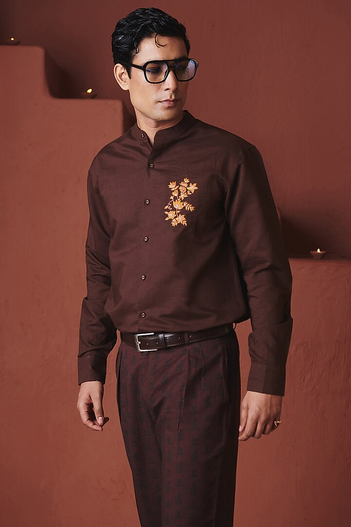 Coffee Brown Cotton Linen Floral Embroidered Party Wear Shirt by Saphed Men at Pernia's Pop Up Shop