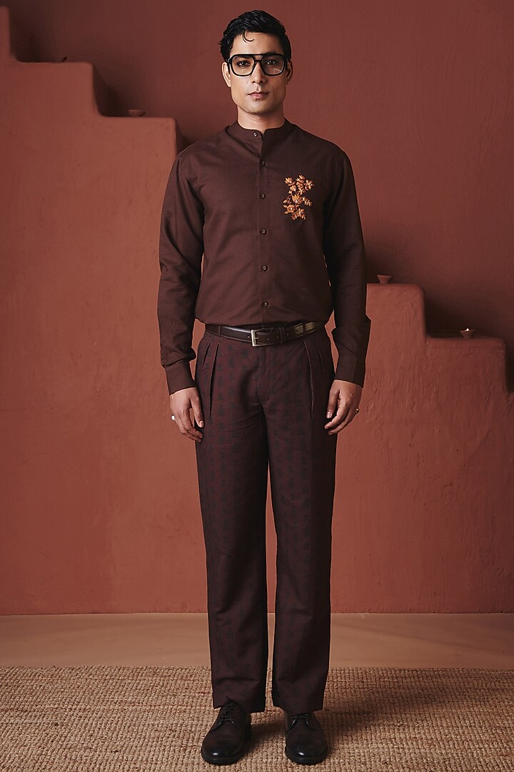 Coffee Brown Cotton Linen Floral Embroidered Party Wear Shirt by Saphed Men at Pernia's Pop Up Shop
