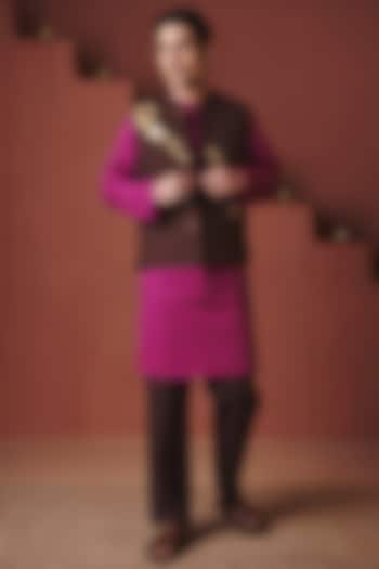 Coffee Brown Cotton Linen Floral Embroidered Nehru Jacket by Saphed Men at Pernia's Pop Up Shop