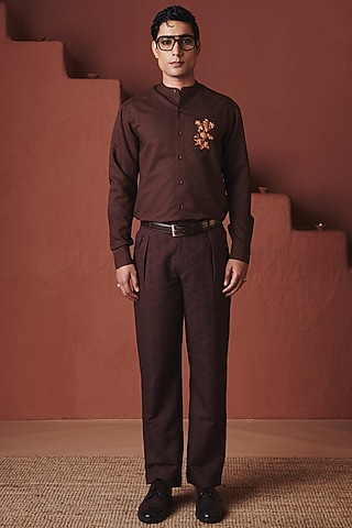 Coffee Brown Cotton Linen Tapered Pants by Saphed Men
