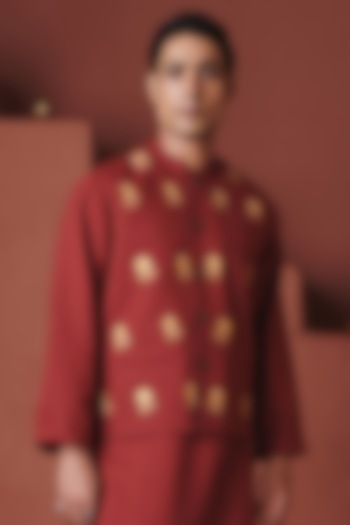 Brick Red Cotton Linen Floral Embroidered Nehru Jacket by Saphed Men at Pernia's Pop Up Shop
