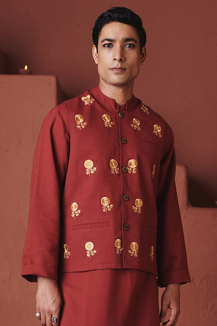 Brick Red Cotton Linen Floral Embroidered Nehru Jacket by Saphed Men at Pernia's Pop Up Shop