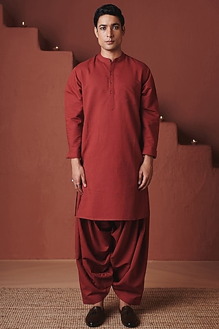 Brick Red Cotton Linen Dhoti by Saphed Men
