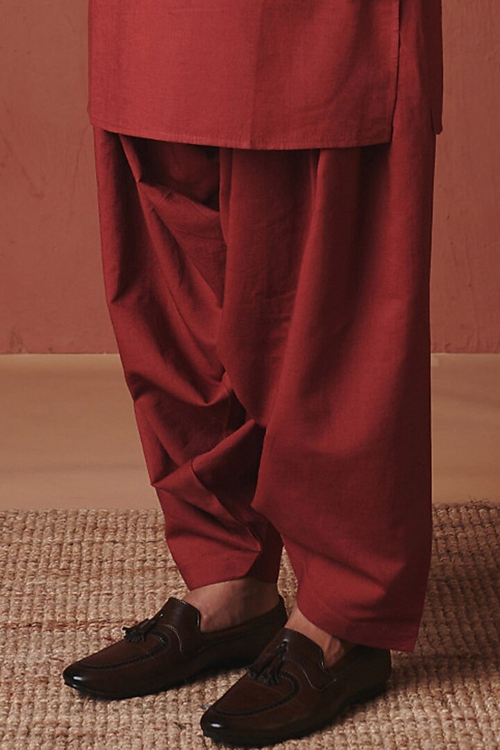 Brick Red Cotton Linen Dhoti by Saphed Men at Pernia's Pop Up Shop