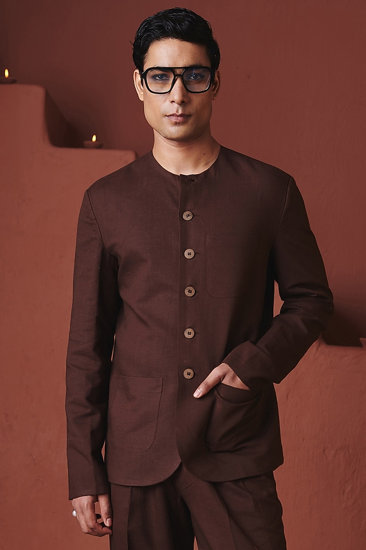 Coffee Brown Cotton Linen Bandhgala by Saphed Men at Pernia's Pop Up Shop