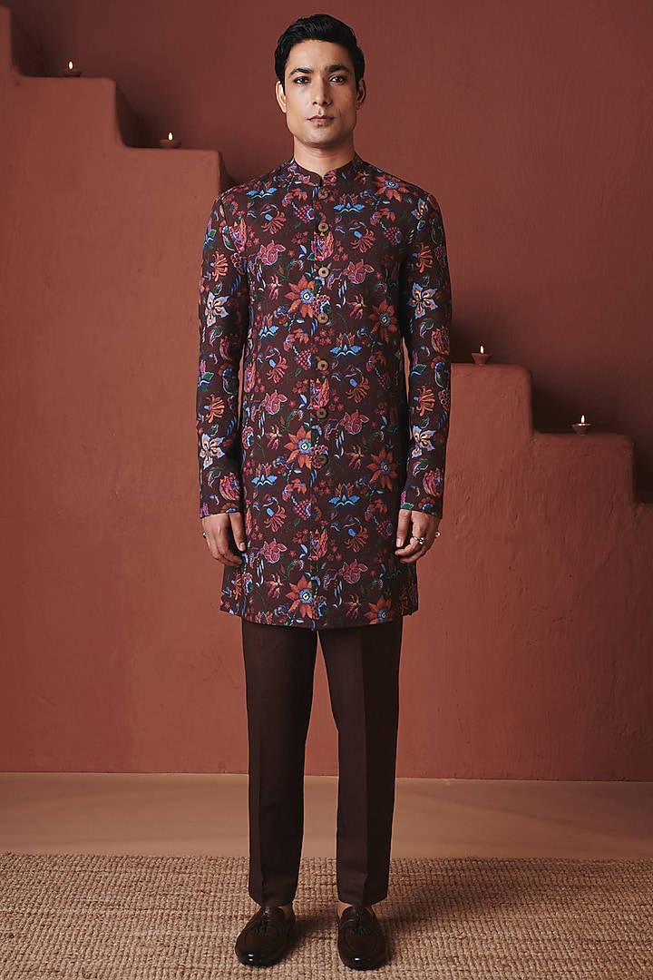 Coffee Brown Cotton Linen Indowestern Jacket by Saphed Men at Pernia's Pop Up Shop