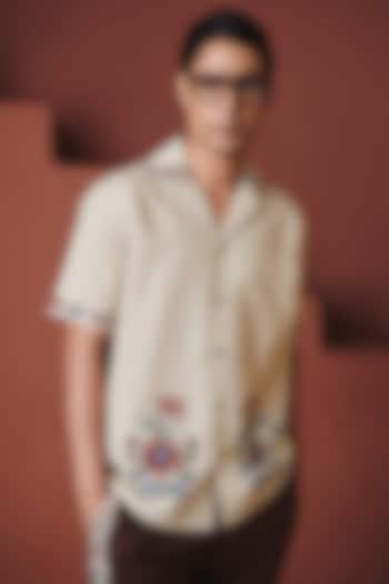 Beige Cotton Linen Party Wear Shirt by Saphed Men at Pernia's Pop Up Shop