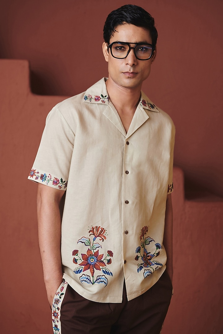 Beige Cotton Linen Party Wear Shirt by Saphed Men at Pernia's Pop Up Shop