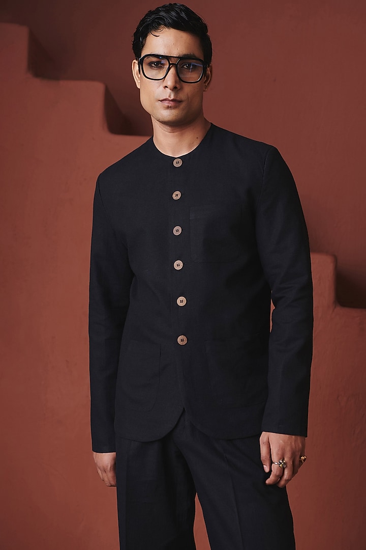 Carbon Cotton Linen Bandhgala by Saphed Men at Pernia's Pop Up Shop