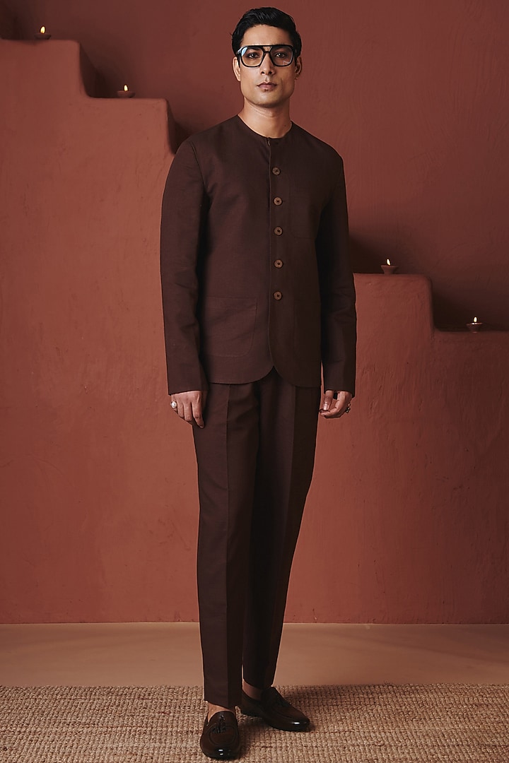Coffee Brown Cotton Linen Trousers by Saphed Men at Pernia's Pop Up Shop